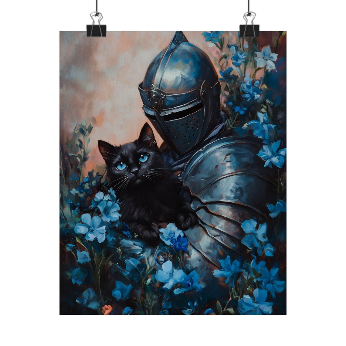 Knight In Armor With Black Cat Blue Flowers Fantasy Pet Portrait Oil Painting Print - Image 3