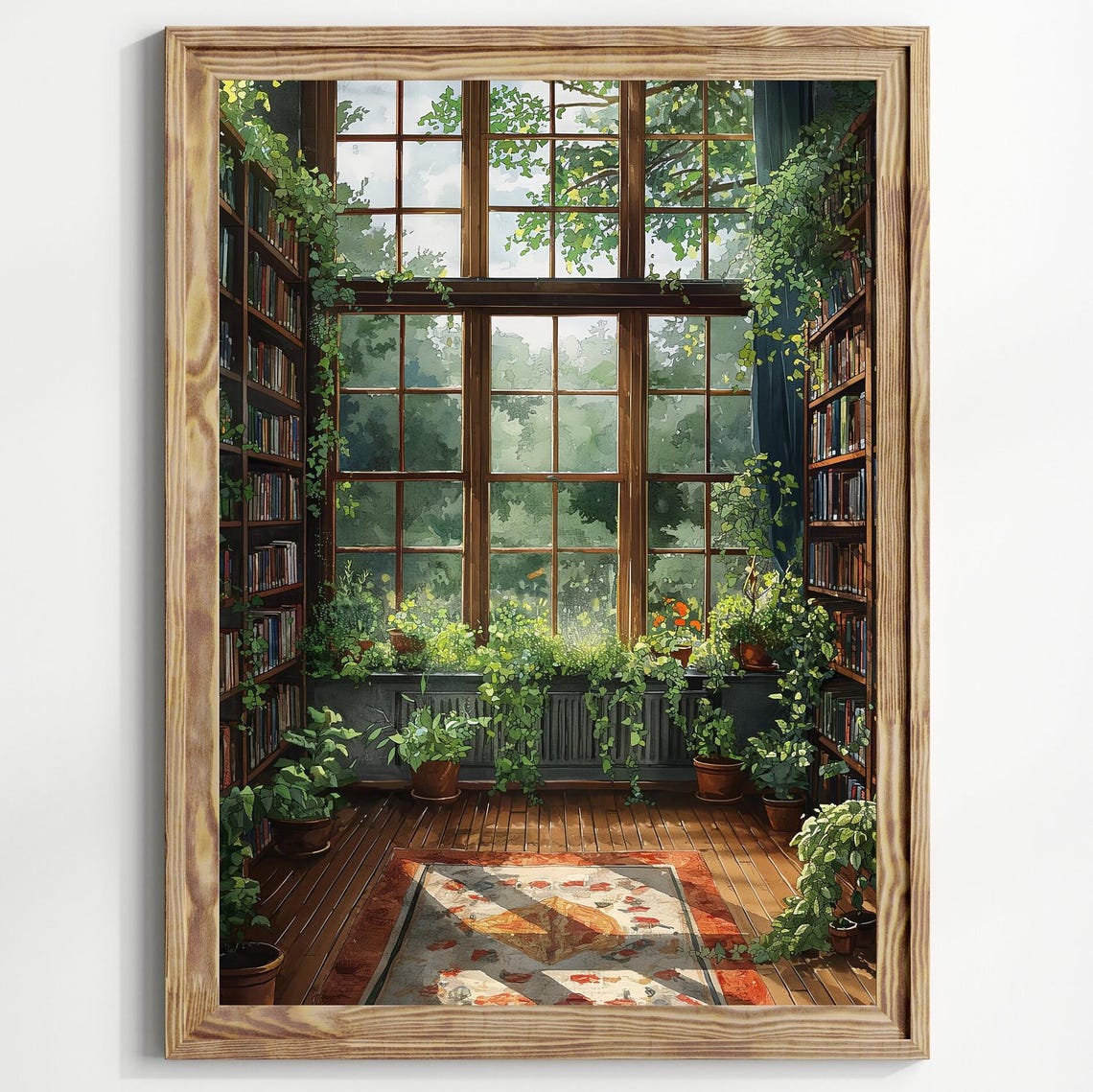 Sunlit Library Reading Nook Tall Windows Plants Bookish Wall Art - Image 2