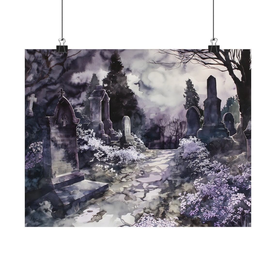 Moody Moonlit Graveyard Cemetery Purple Fog Watercolor Art Print - Image 2