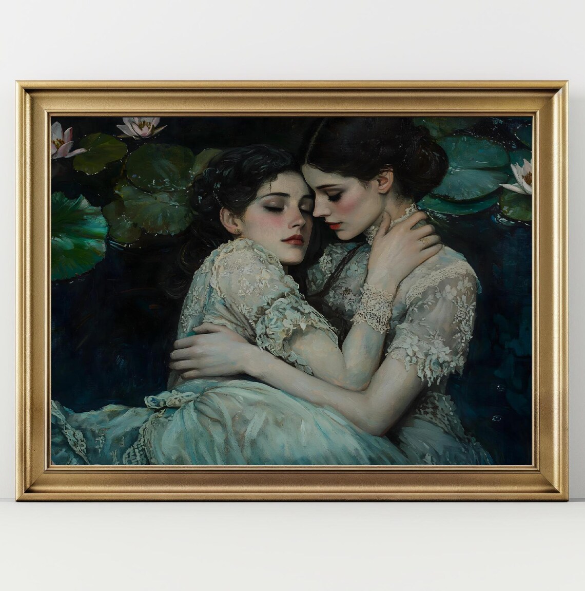 Two Women Embracing Lily Pond Dark Romantic Victorian Gothic Wall Art Poster - Image 5