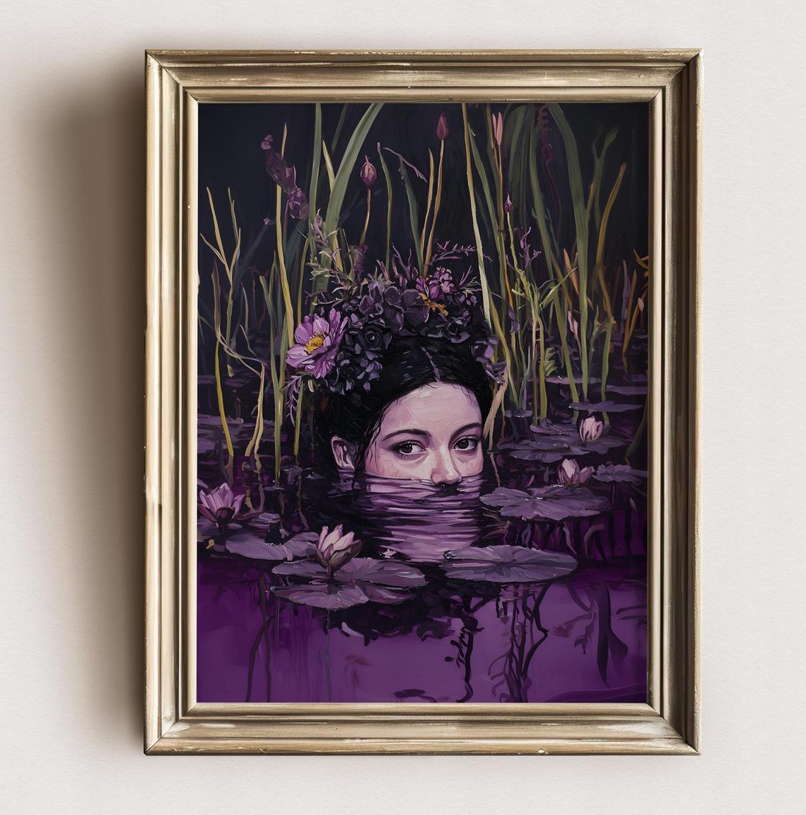 Flower Crowned Woman Submerged in Purple Night Water Art Print