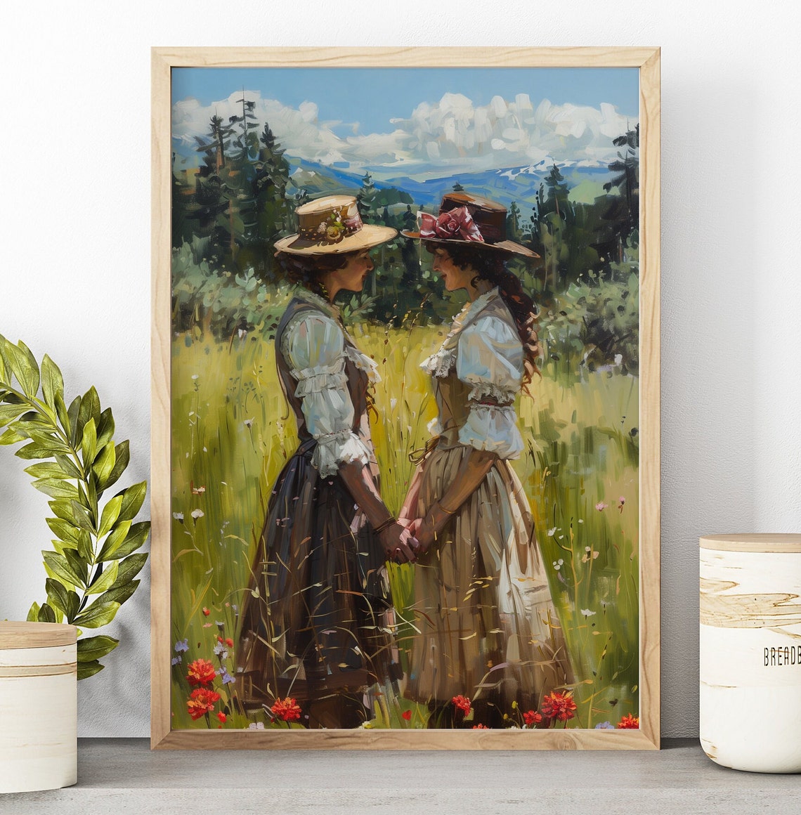Two Women Holding Hands in Wildflower Meadow Mountain Landscape Poster - Image 3