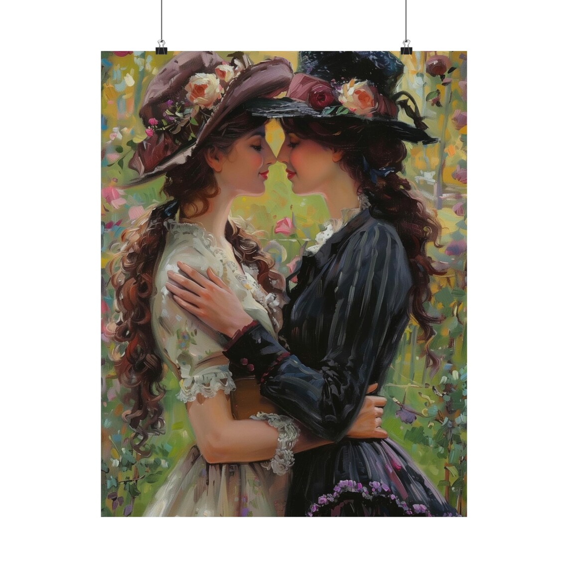 Victorian Lovers Garden Embrace Floral Hats Sapphic Oil Painting Print - Image 2