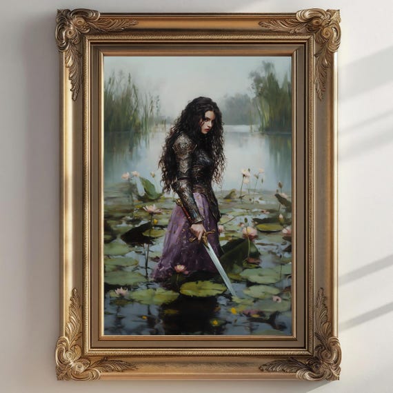Female Knight Victorian Decor Dark Academia Print The Lake Goth Moody Victorian Wall Art Dark Decor Aesthetic Woman With Sword Print