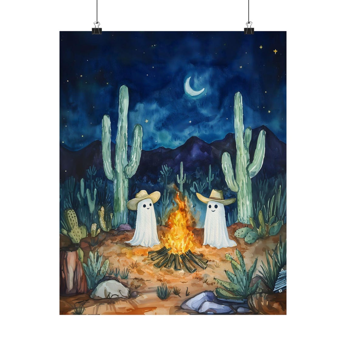 Cowboy Ghosts Campfire Desert Night Cacti Crescent Moon Western Poster - Image 2