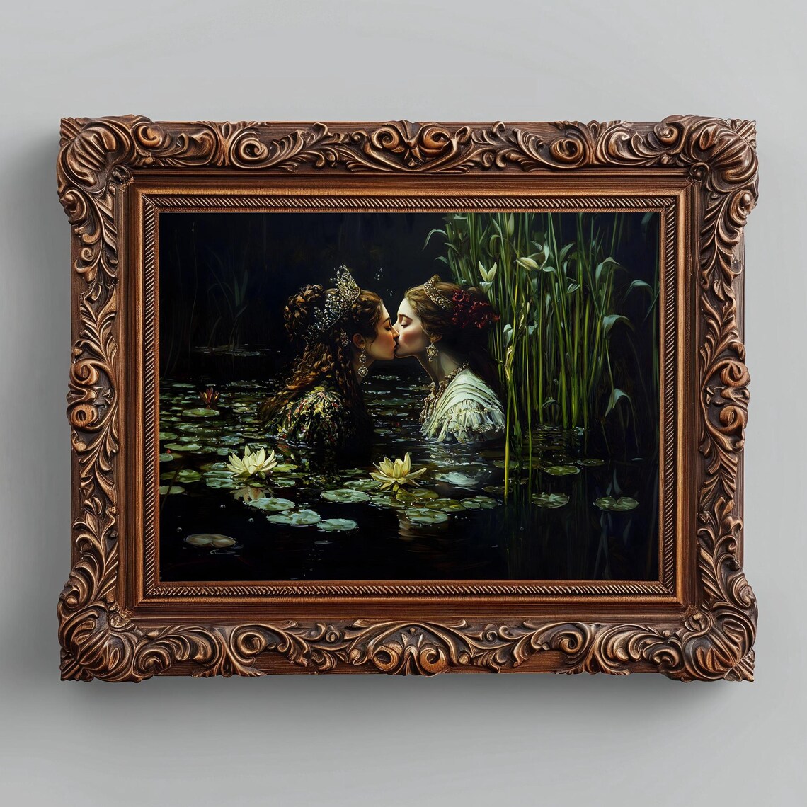 Two Crowned Women Kissing In Moonlit Lily Pond Sapphic Romance Art Poster - Image 2