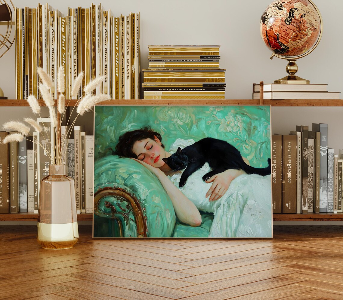 Sleeping Woman With Black Cat On Green Victorian Couch Cozy Cat Art Poster - Image 3