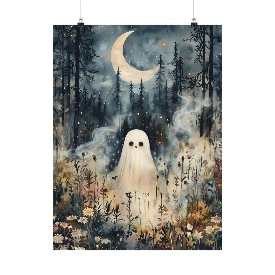 Cute Ghost In Dark Forest Night Crescent Moon Mist Wildflowers Poster - Image 2