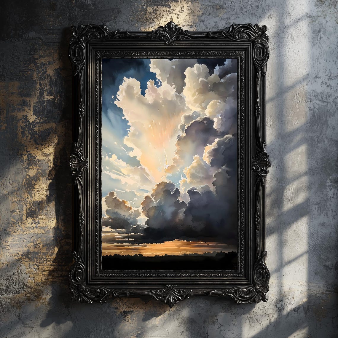 Dramatic Storm Clouds at Sunset Over Field Watercolor Sky Poster - Image 3