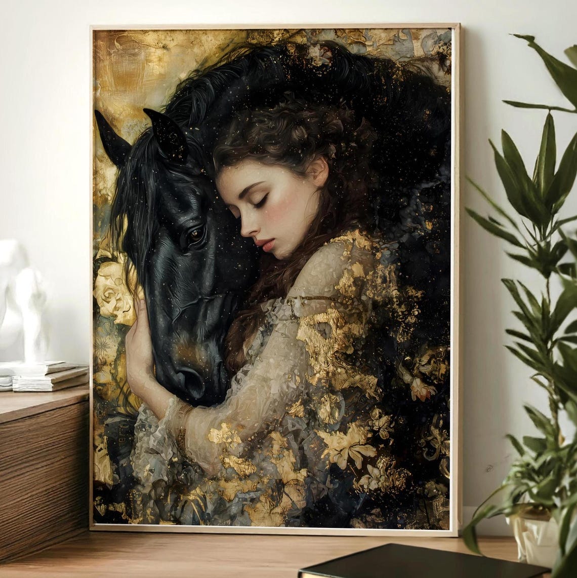 Woman Embracing Black Horse Golden Dark Romantic Equestrian Art Poster - Image 2