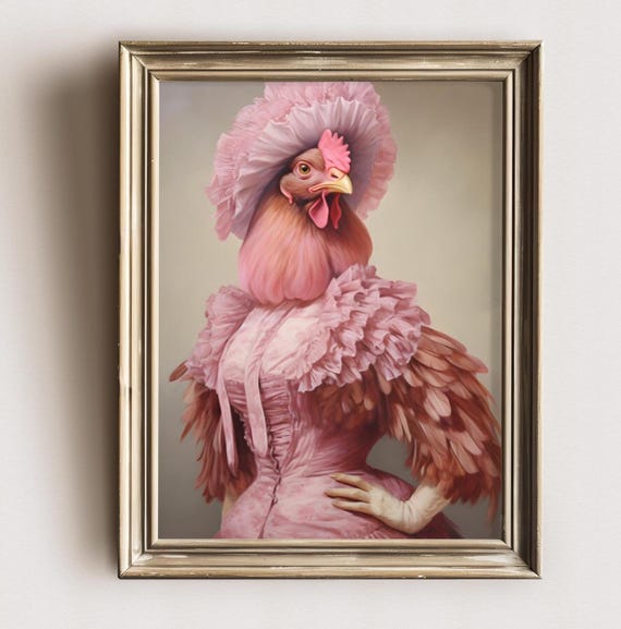 Pink Victorian Chicken, Dark Academia Art Print