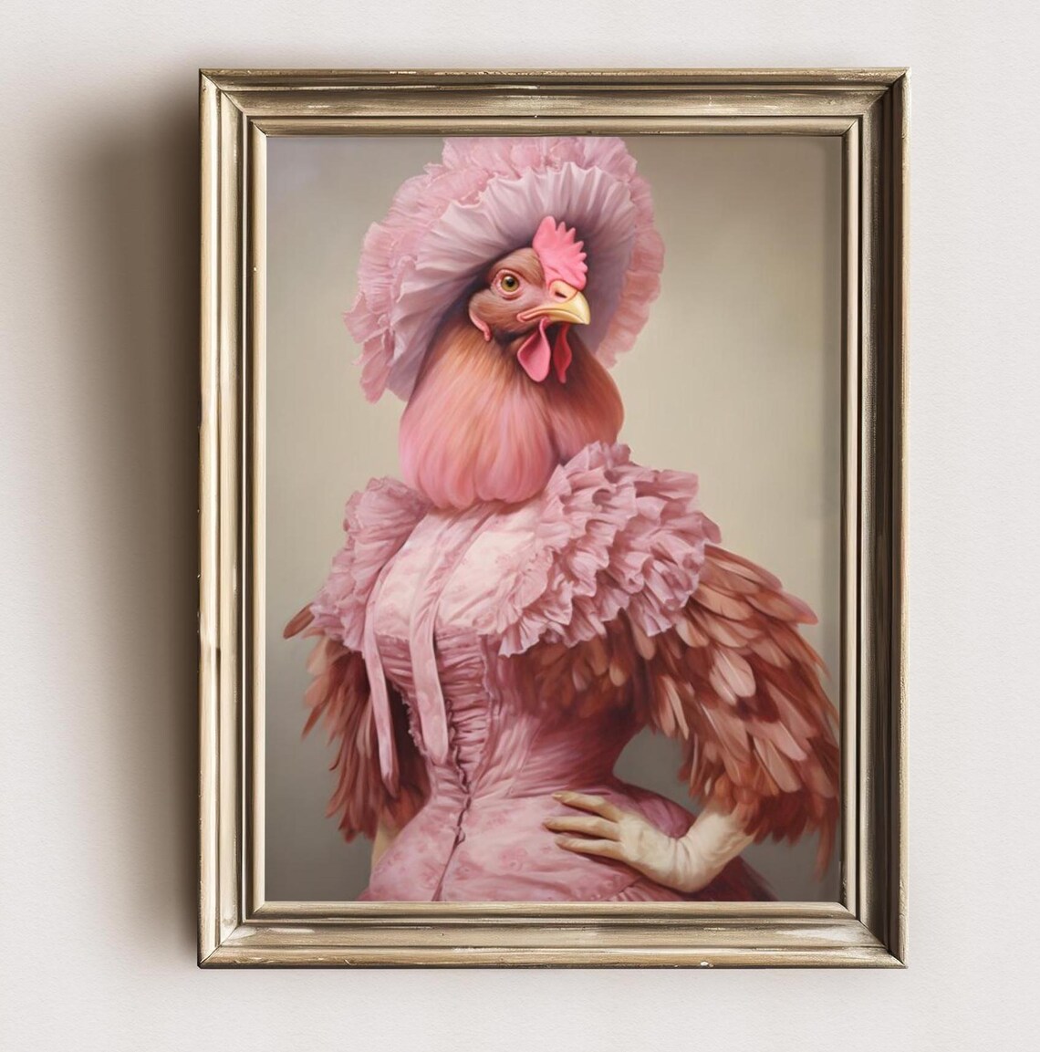 Pink Victorian Chicken, Dark Academia Art Print