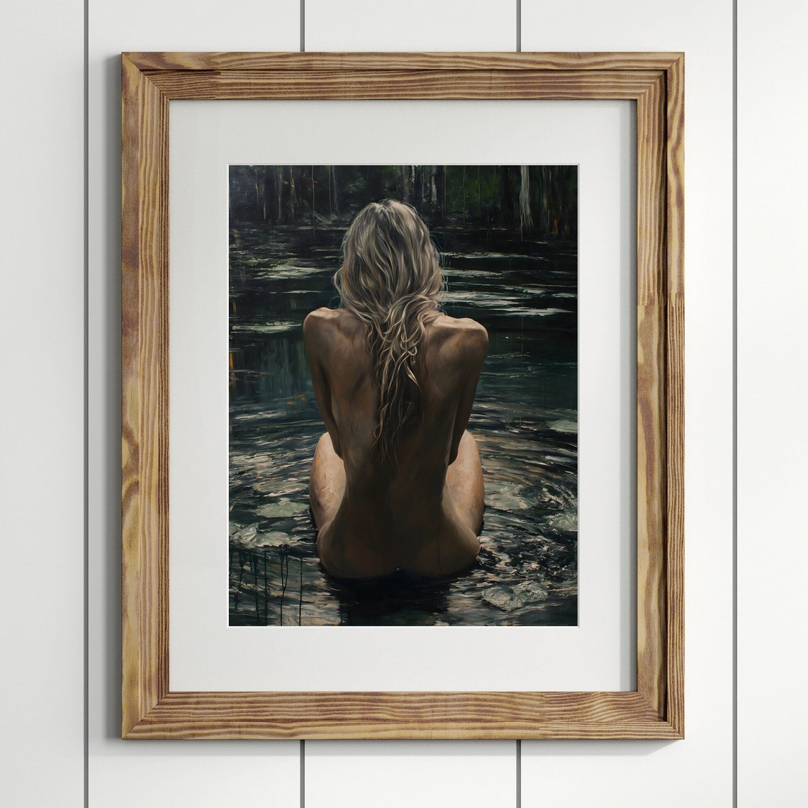 Woman Bathing In Dark Forest Lake Moody Water Nymph Painting Art Print - Image 3