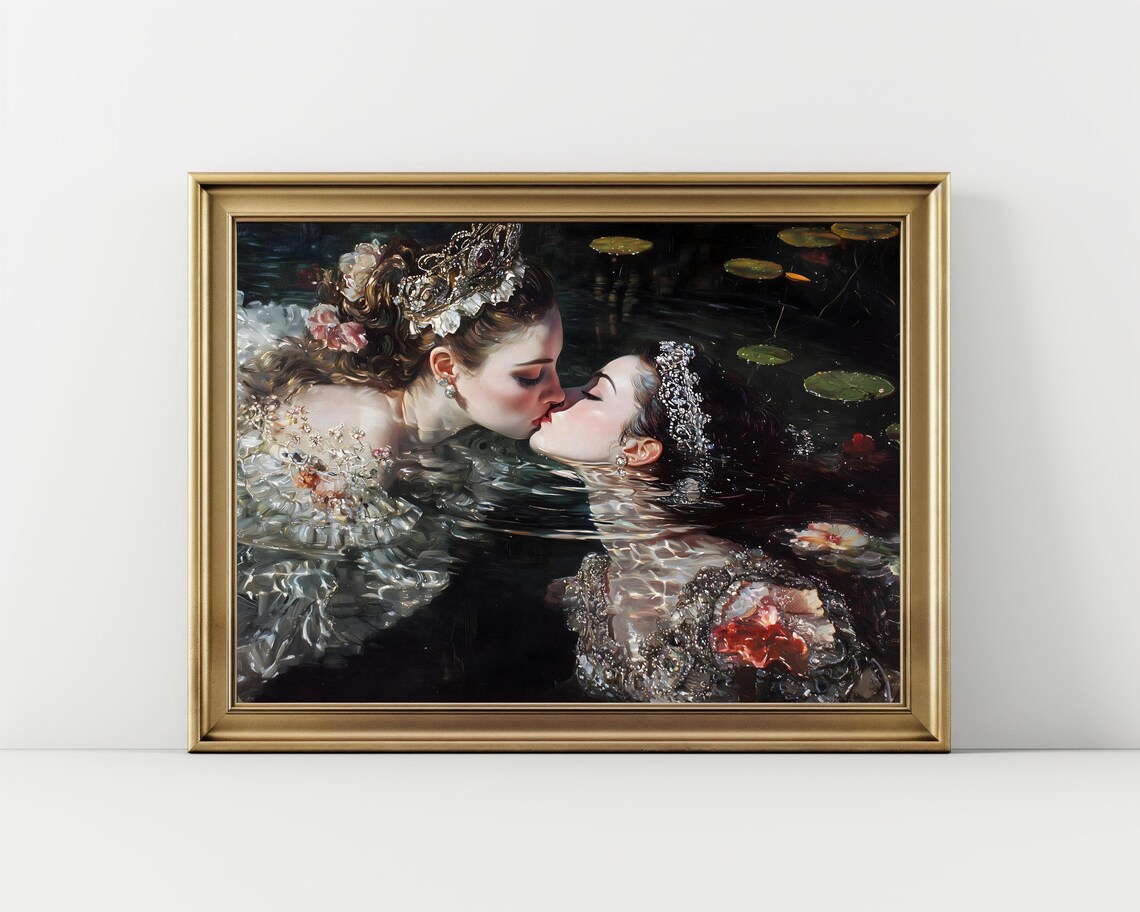 Royal Lovers Kissing Underwater Lily Pads Ornate Crowns Dark Sapphic Romance Poster - Image 2