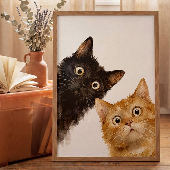 Watercolor Cat Poster Curious Kittens Wall Art Whimsical Pet Decor Print