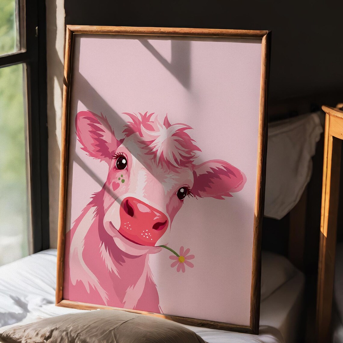 Pink Cow Art Print, Whimsical Farm Animal Illustration