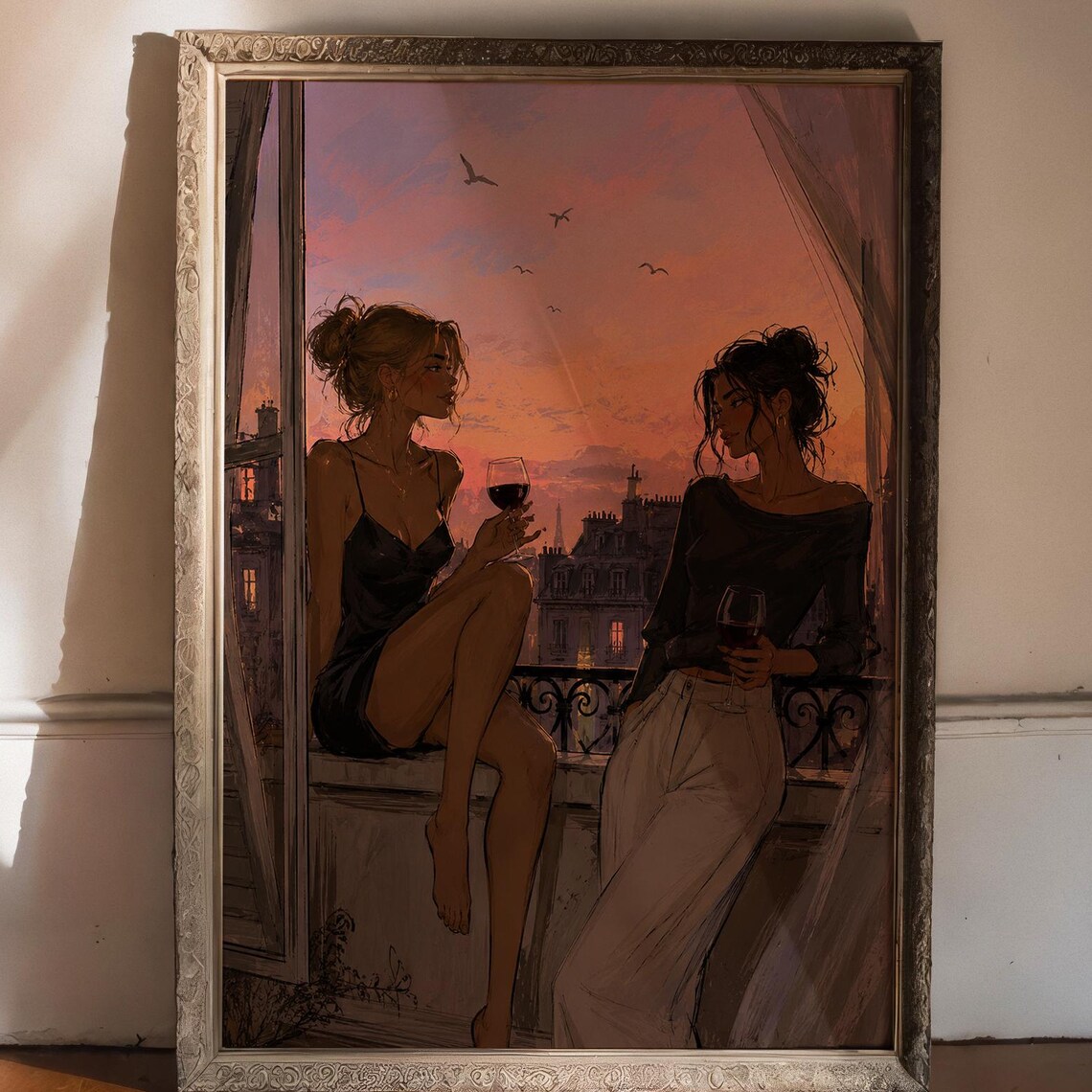 Paris Sunset Wine Balcony Poster Print