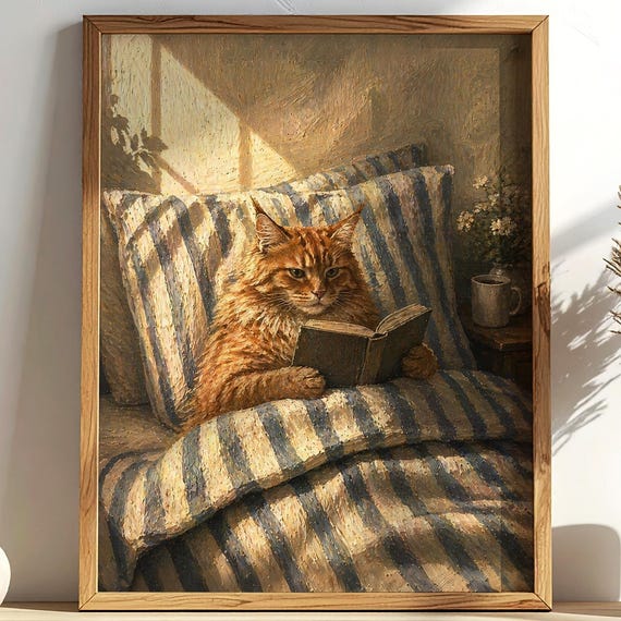 Orange Ginger Cat Art Print Vintage Poster Gallery Wall Decor Book Lover