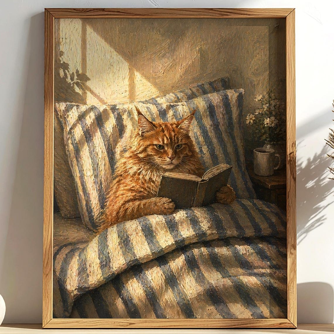 Ginger Cat Reading Book in Bed Cozy Whimsical Cat Lover Wall Art