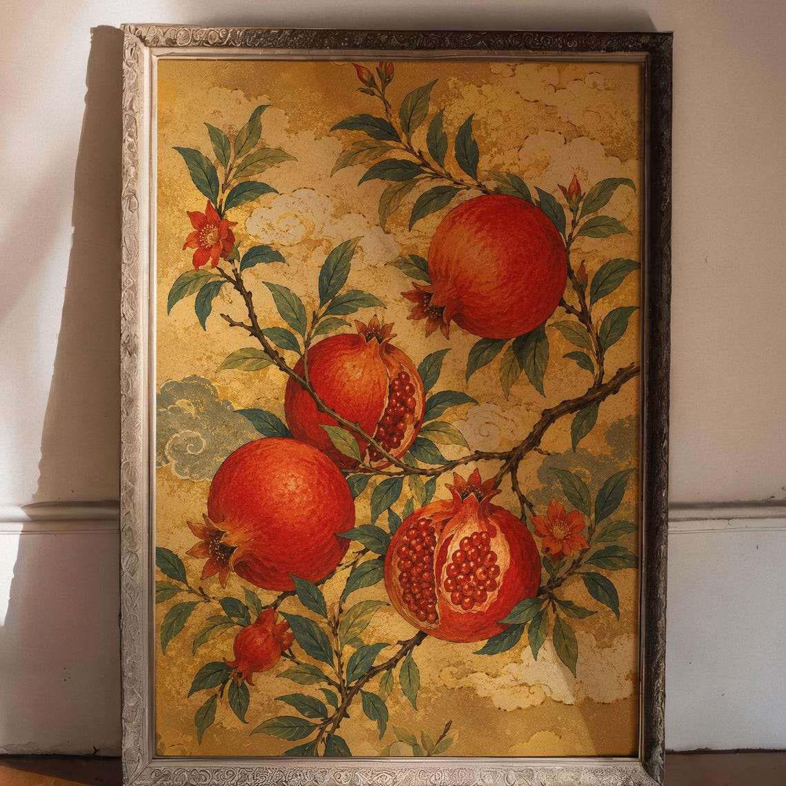 Golden Pomegranate Branch Vintage Botanical Japanese Style Poster