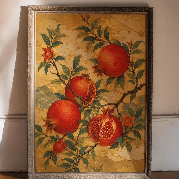 Pomegranate Botanical Wall Art Gold Textured Japanese Style Print