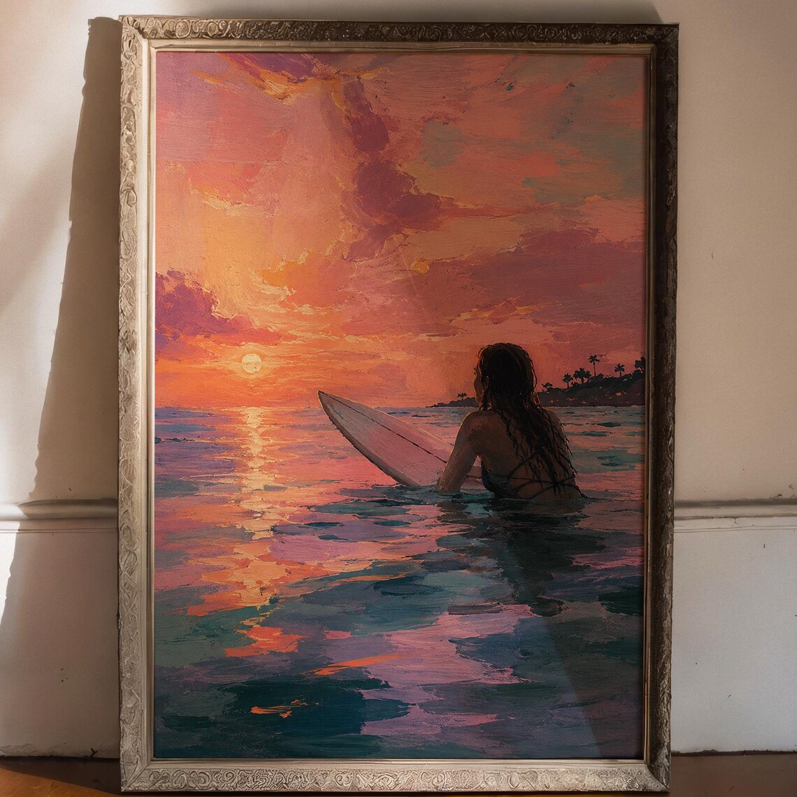 Surfing Into Sunset Coastal Ocean Art Print