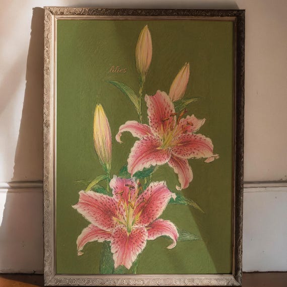 Pink Lilies Botanical Print Vintage Floral Wall Art Cottage Garden Poster