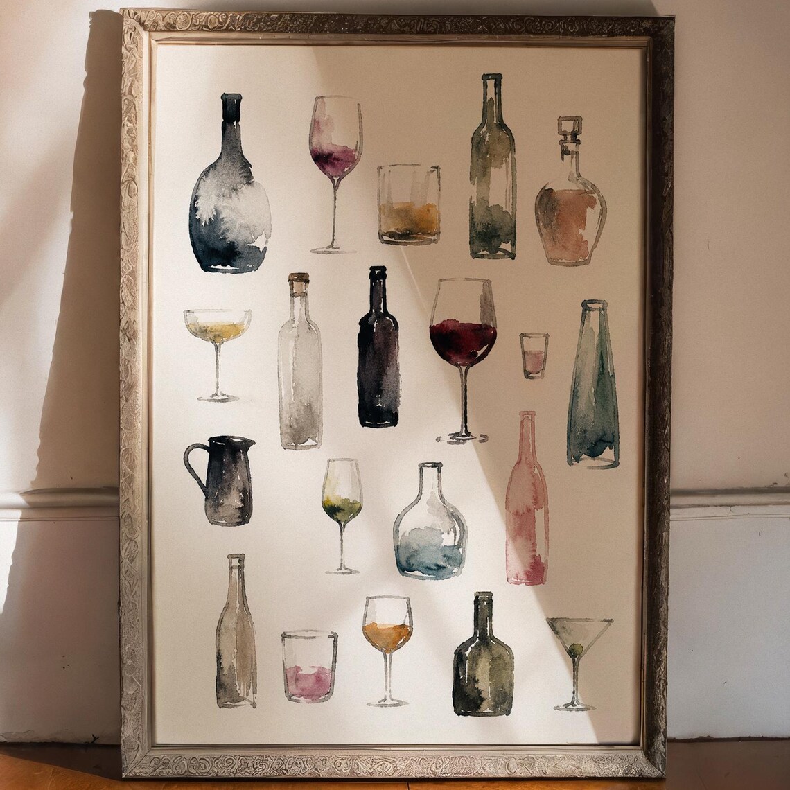 Watercolor Wine Bottles Glasses Collection Modern Bar Cart Art Poster