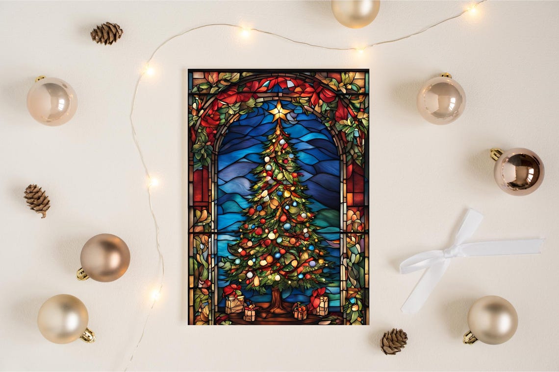 Traditional Stained Glass Christmas Tree Ornaments Holiday Poster - Image 3