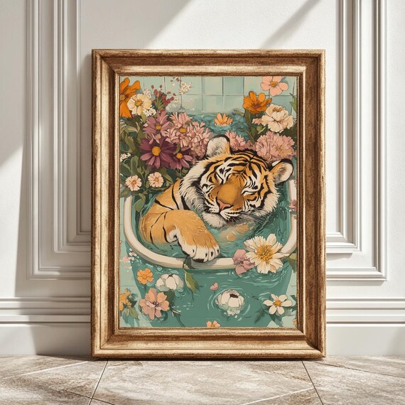 Tiger In Bathtub - Modern Animal Illustration