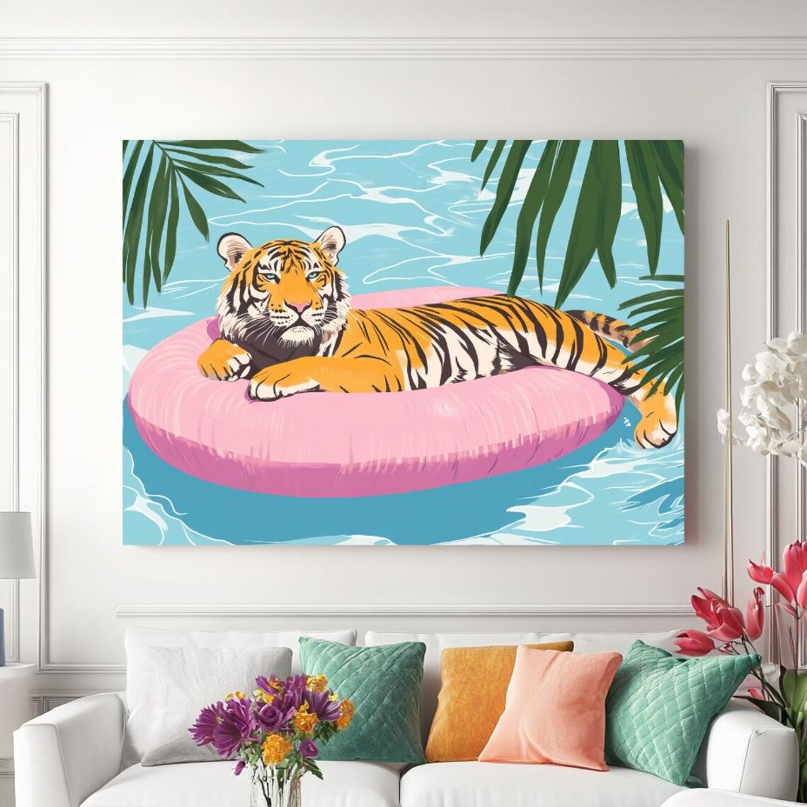 Tiger With Pink Floaty, Modern Art Print