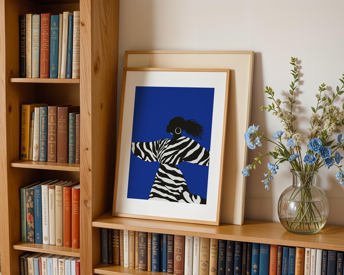 Dancing Woman In Zebra Striped Dress Against Cobalt Blue Poster - Image 3
