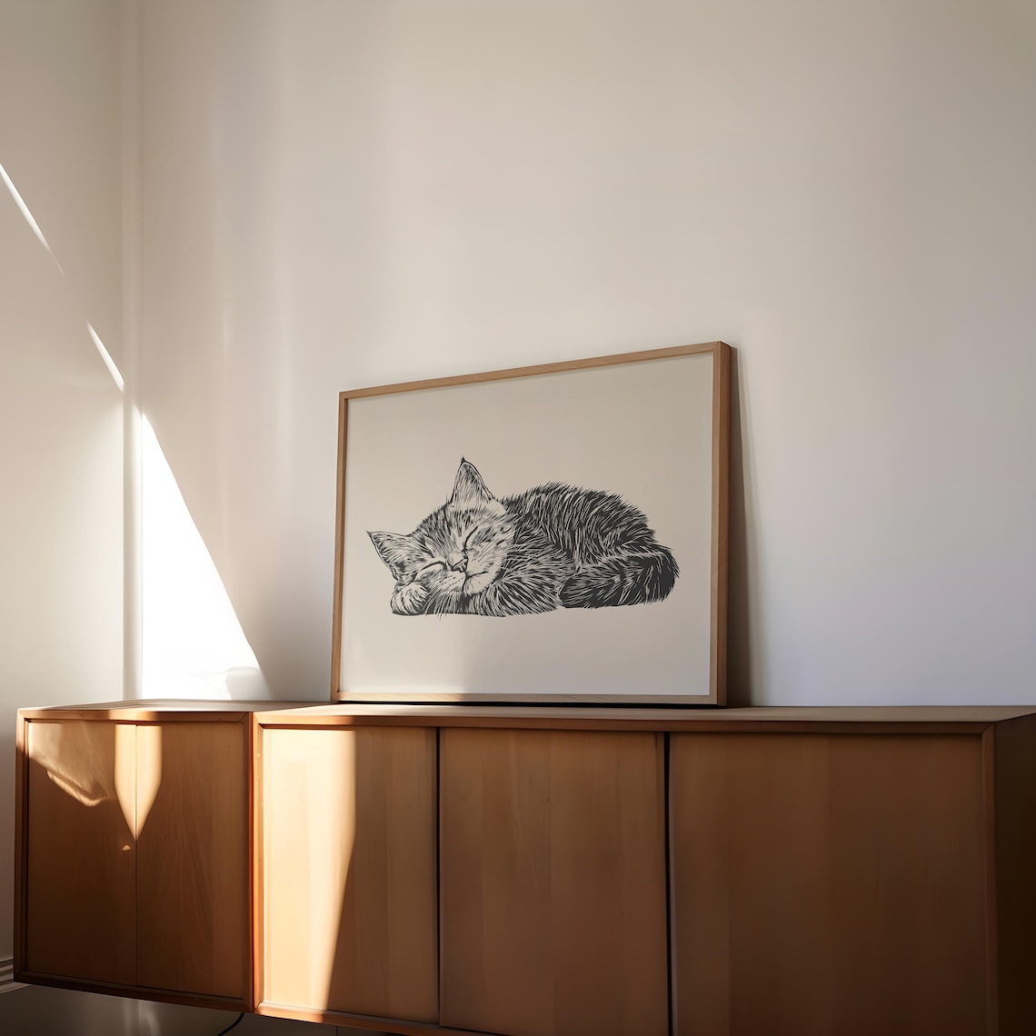 Sleeping Tabby Cat Curled Up Cozy Vintage Line Sketch Poster - Image 3