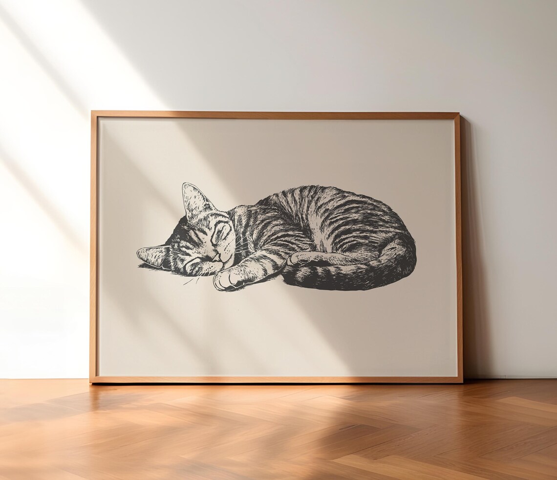 Sleeping Tabby Cat Curled Up Peaceful Kitten Sketch Art Poster - Image 2