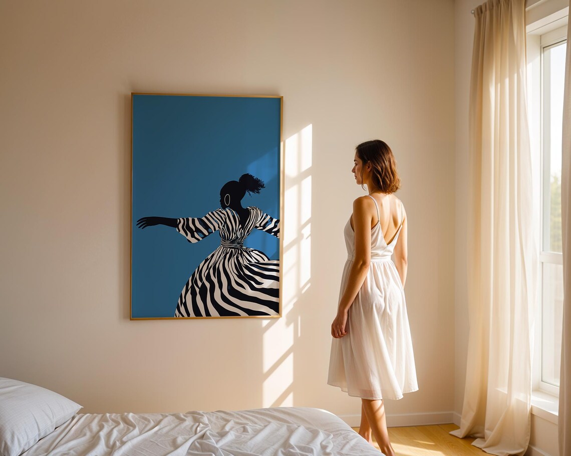 Joyful Dancing Woman In Flowing Striped Dress On Deep Blue Poster - Image 2