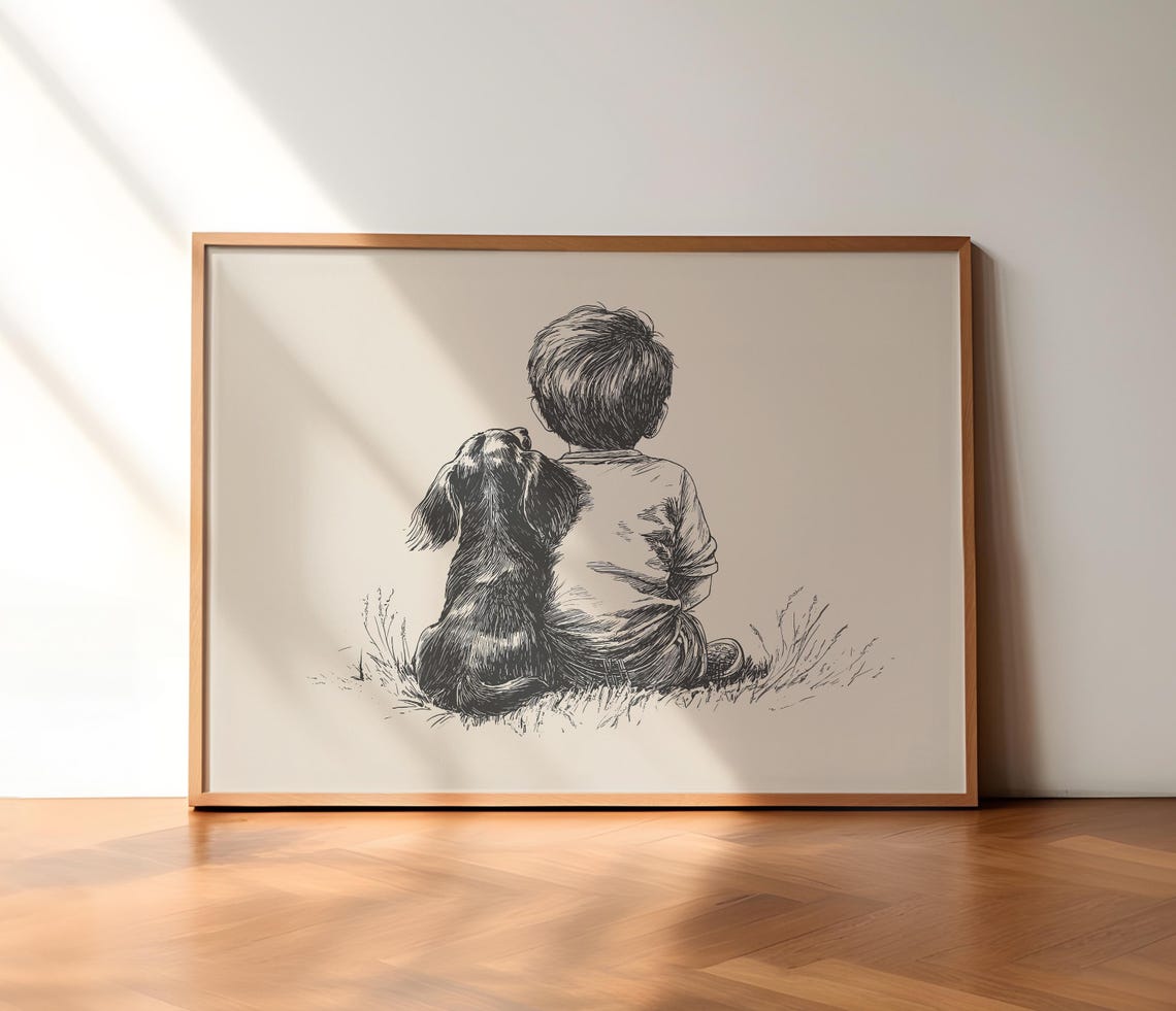 Nursery Boy And A Dachshund Print Dog Vintage Poster Retro Painting Farmhouse Wall Decor Country Wall Art Pet Drawing Puppy Wall Art - Image 3