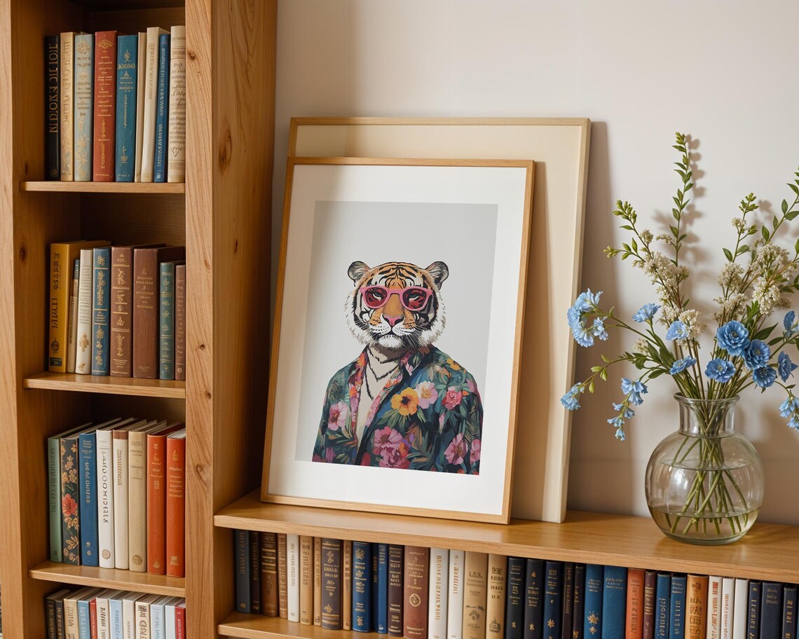 Playful Tiger In Pink Sunglasses Wearing Floral Shirt Animal Poster - Image 2