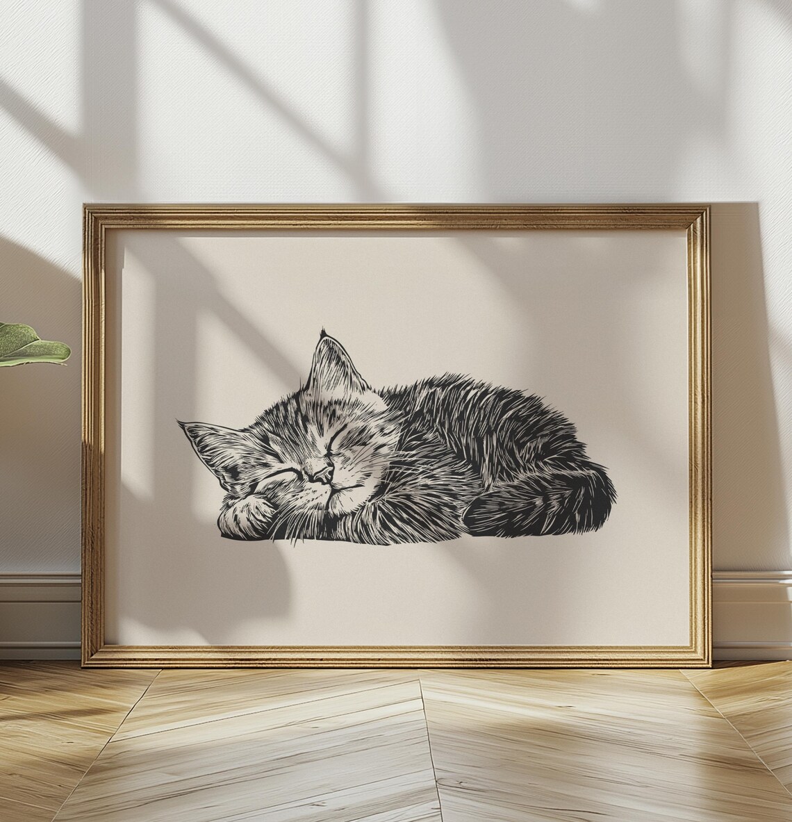 Sleeping Tabby Kitten Ink Sketch Cozy Curled Up Cat Art Poster - Image 3