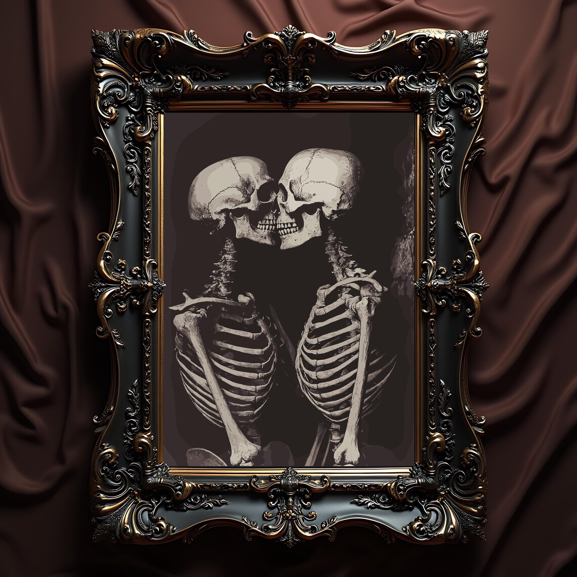 Dark Academia Skeleton Couple Kissing Gothic Romance Art Poster
