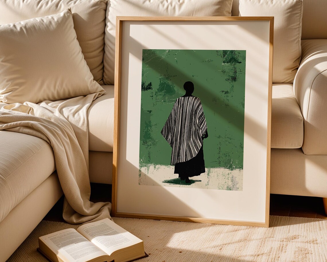 Woman In Striped Dress Seen From Behind Textured Green Poster - Image 2