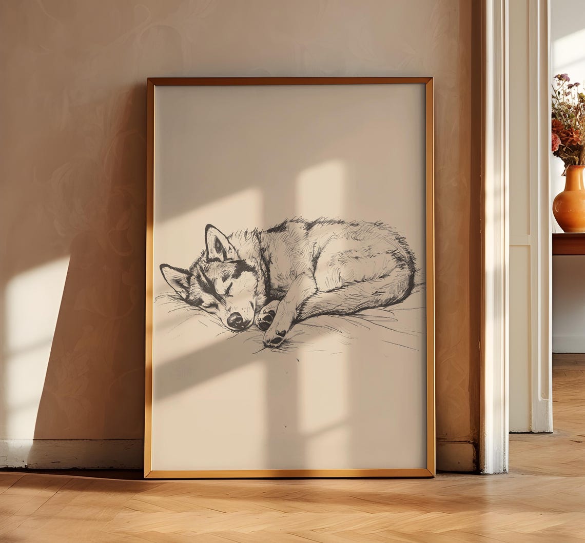 Husky Vintage Print Dog Retro Poster Dog Wall Art Antique Vintage Drawing Country Wall Art Dog Painting Sleeping Husky Poster Art - Image 3