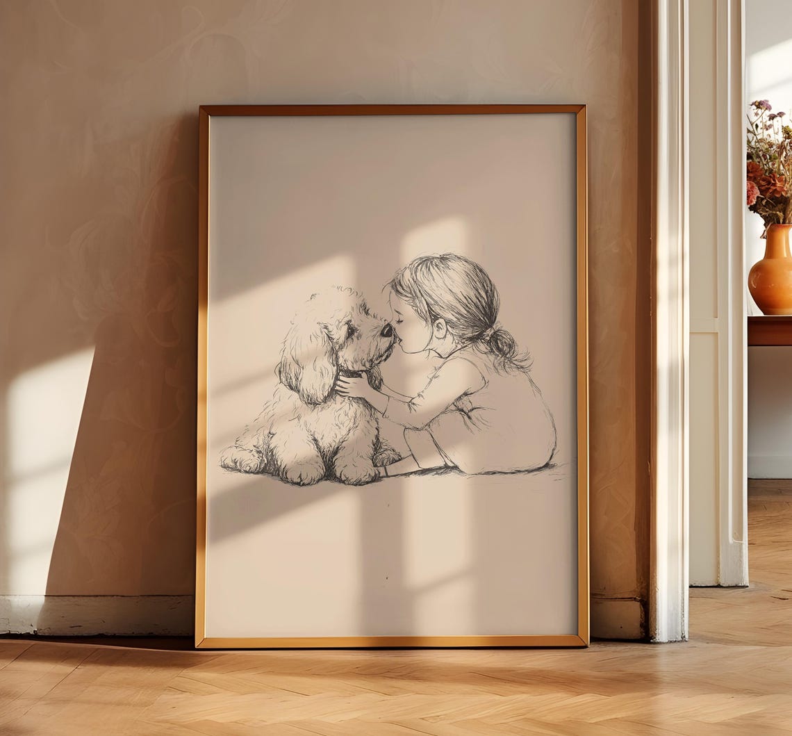 Girl And A Goldendoodle Poster Dog Vintage Print Antique Vintage Art Farmhouse Wall Decor Country Wall Art Dog Nursery Drawing - Image 2