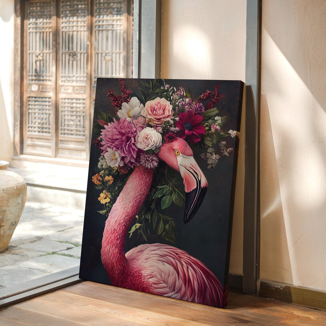 Pink Flamingo Floral Crown Vintage Inspired Bird Art Print