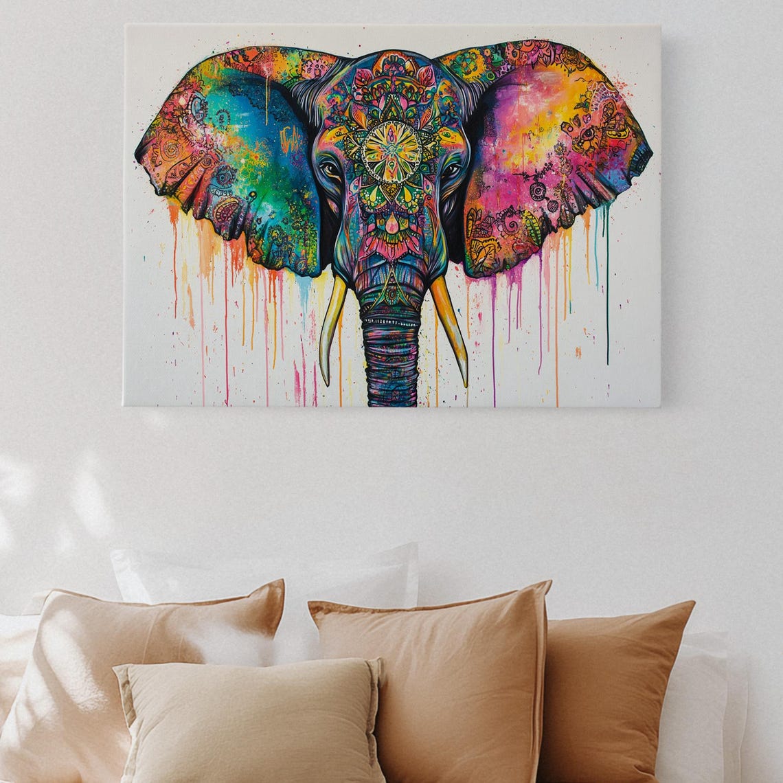 Colorful Elephant Wall Art Boho Canvas Print Vibrant Mandala Animal Artwork Modern Safari Decor Tribal Painting