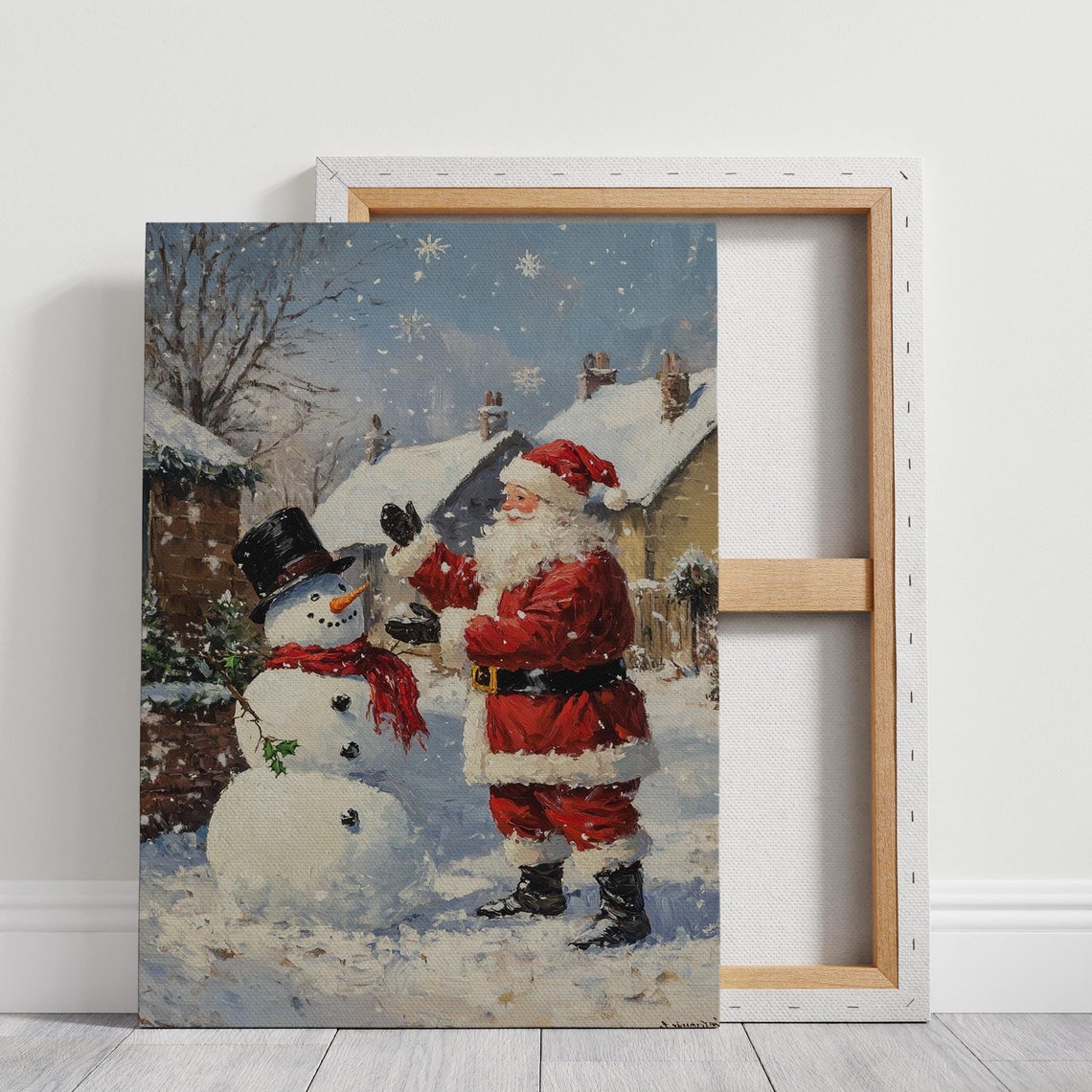 Vintage Santa Claus And Snowman Oil Painting Christmas Holiday Wall Art Cozy Winter Wonderland Scene For Festive Home Decor