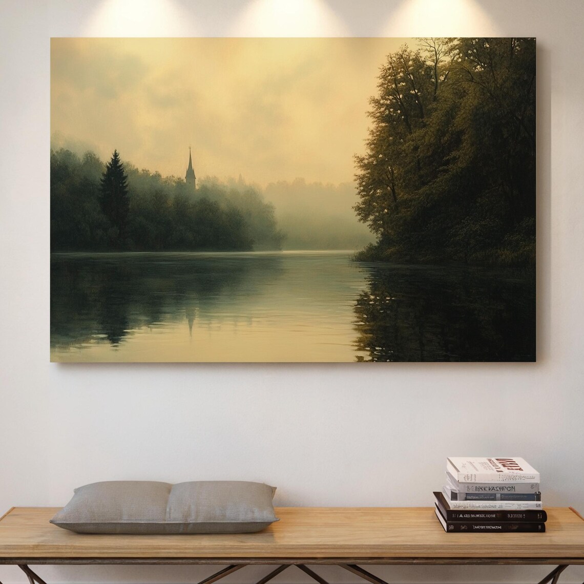 Misty Church On The Lake With Distant Steeple Serene Morning Scenic Nature Poster
