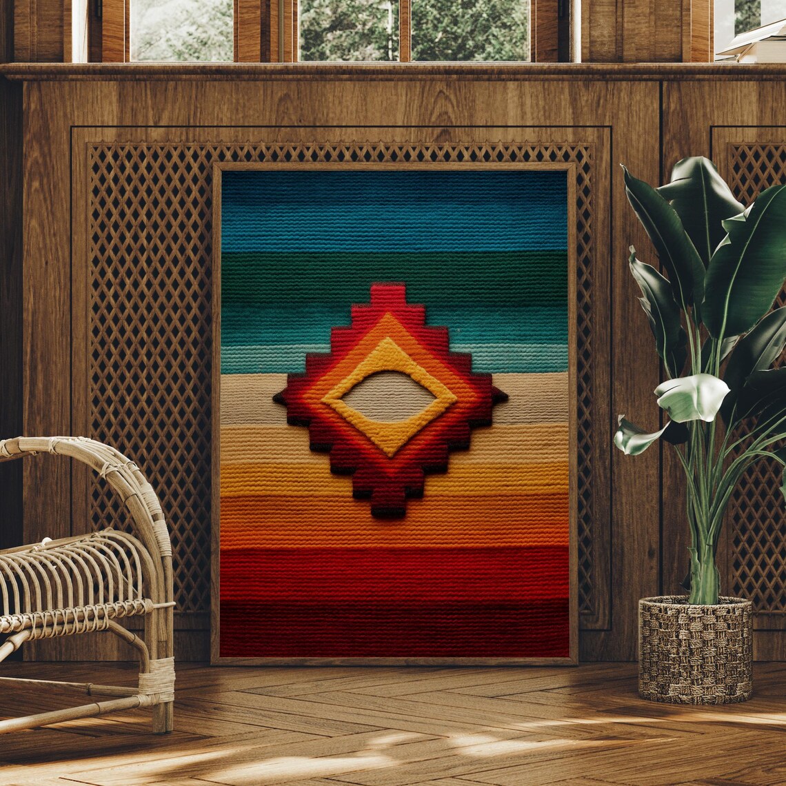 Southwestern Textile Diamond Medallion Woven Tribal Wall Art