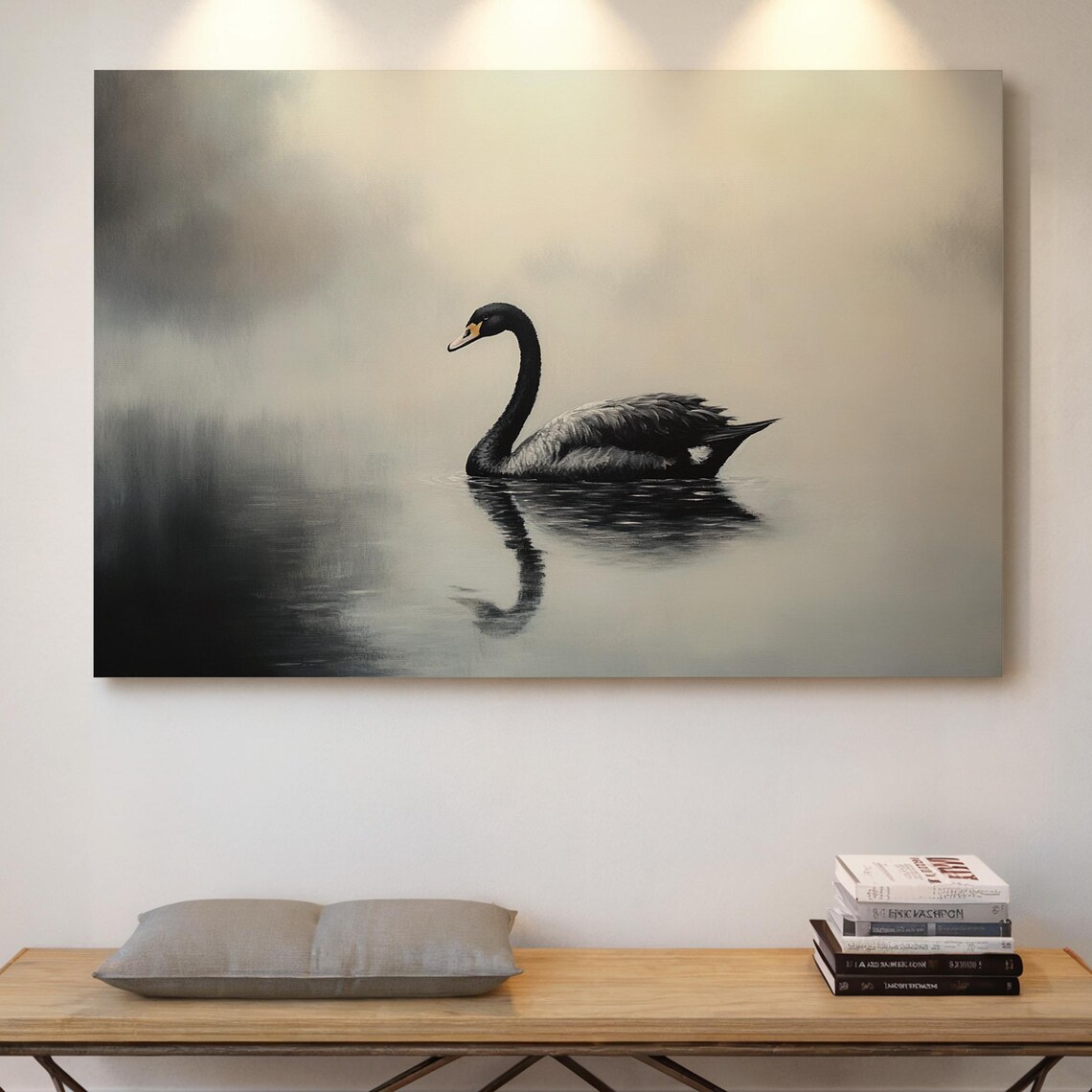 Elegant Black Swan on Misty Water Bird Wildlife Painting Poster