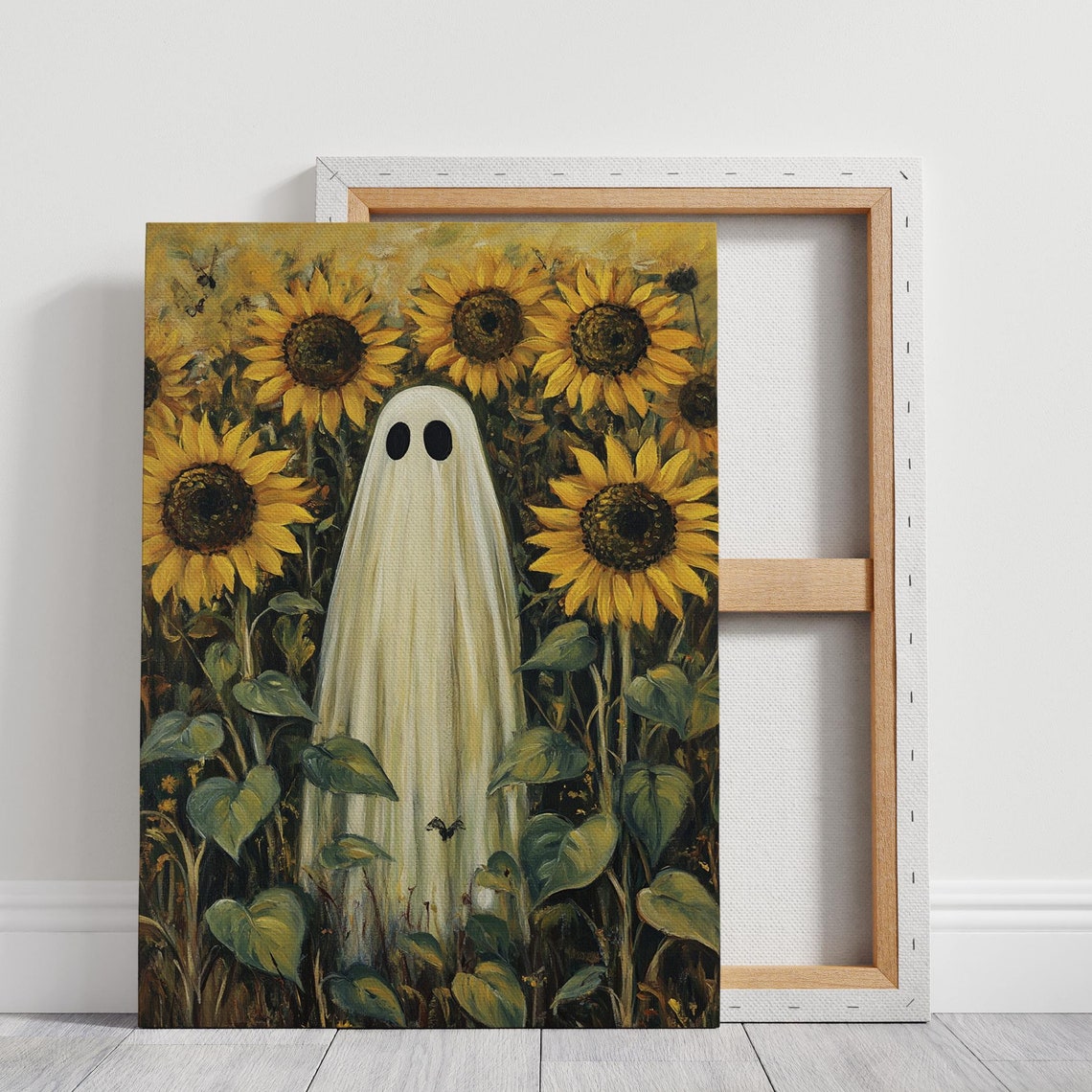 Cute Ghost In Sunflower Field Vintage Halloween Spooky Art Poster