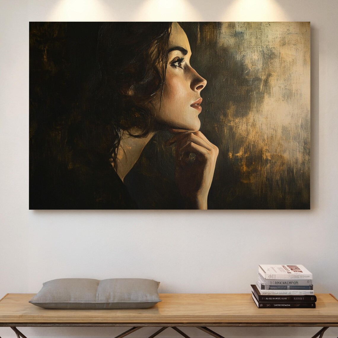 Golden Woman Profile Portrait Elegant Oil Painting Dark Romantic Poster Art